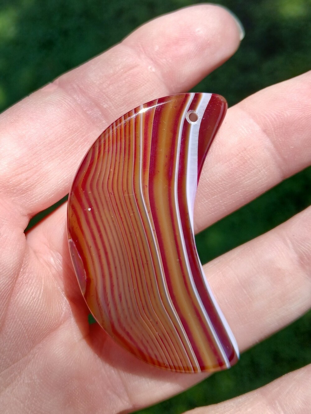 New Red Stripes Agate Carved Crescent Moon Pendant.